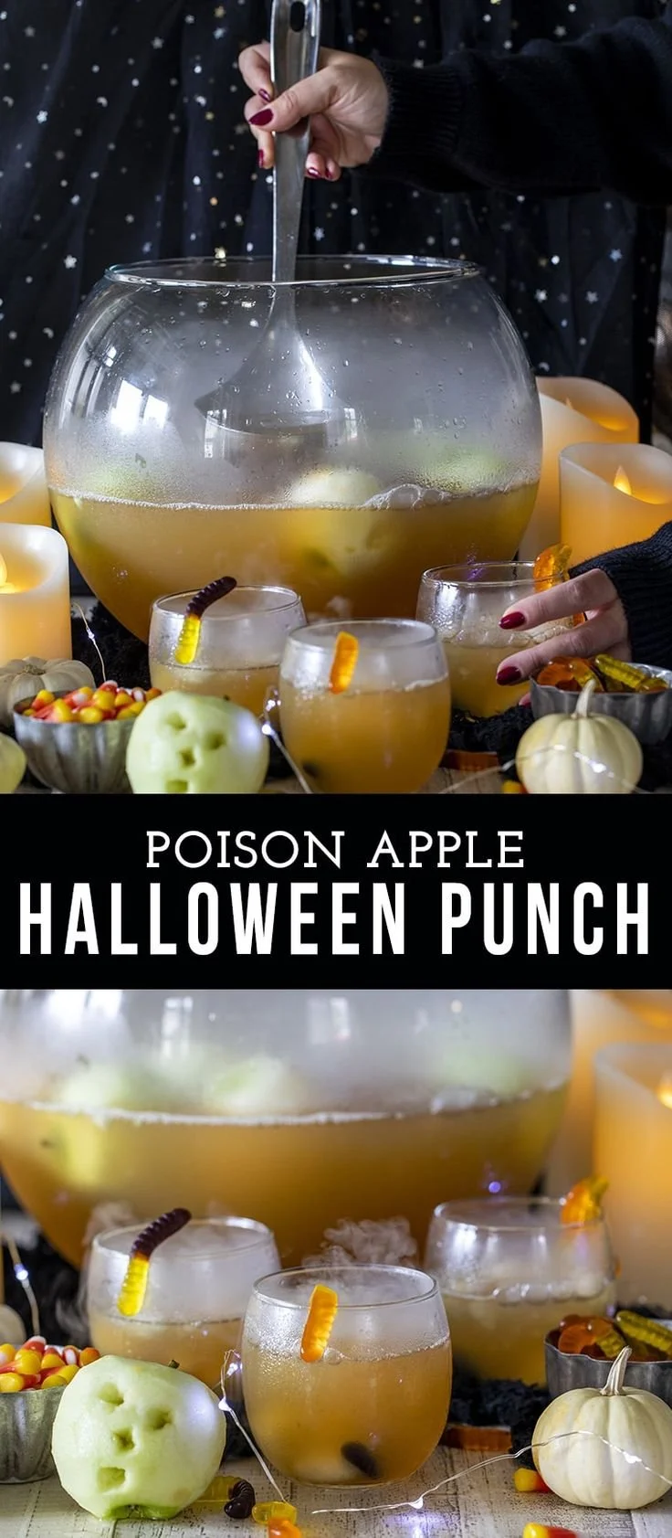 Non-alcoholic Halloween punch with apple cider and ginger beer in a festive setting.