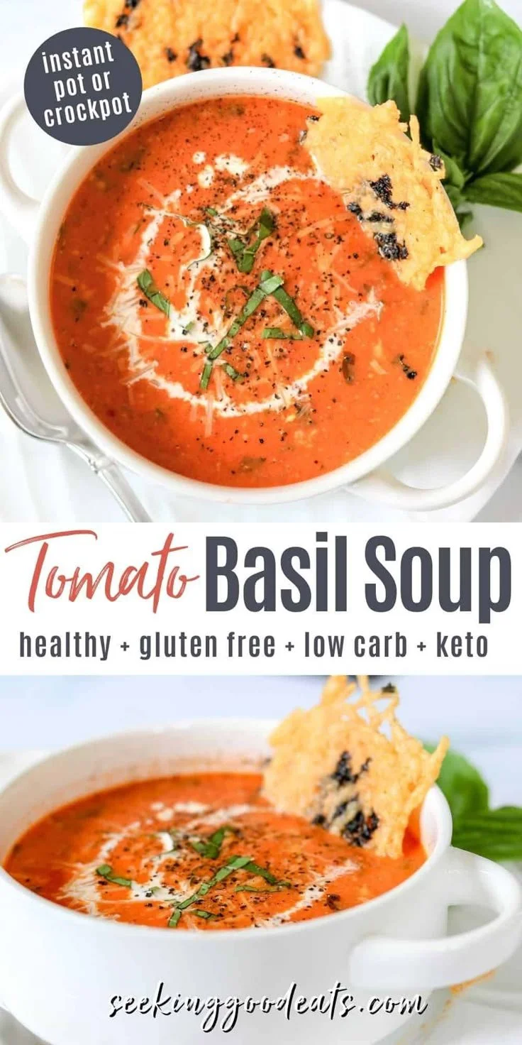 Delicious bowl of tomato basil soup garnished with fresh basil leaves.