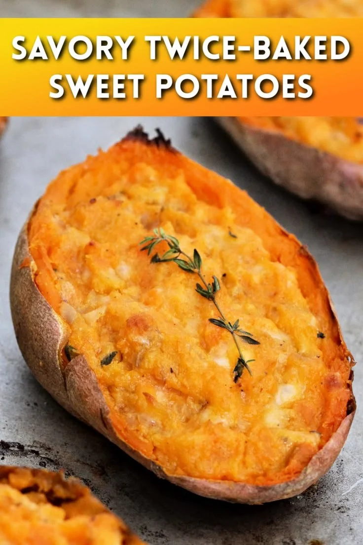 Delicious Twice Baked Sweet Potatoes topped with cheese and herbs