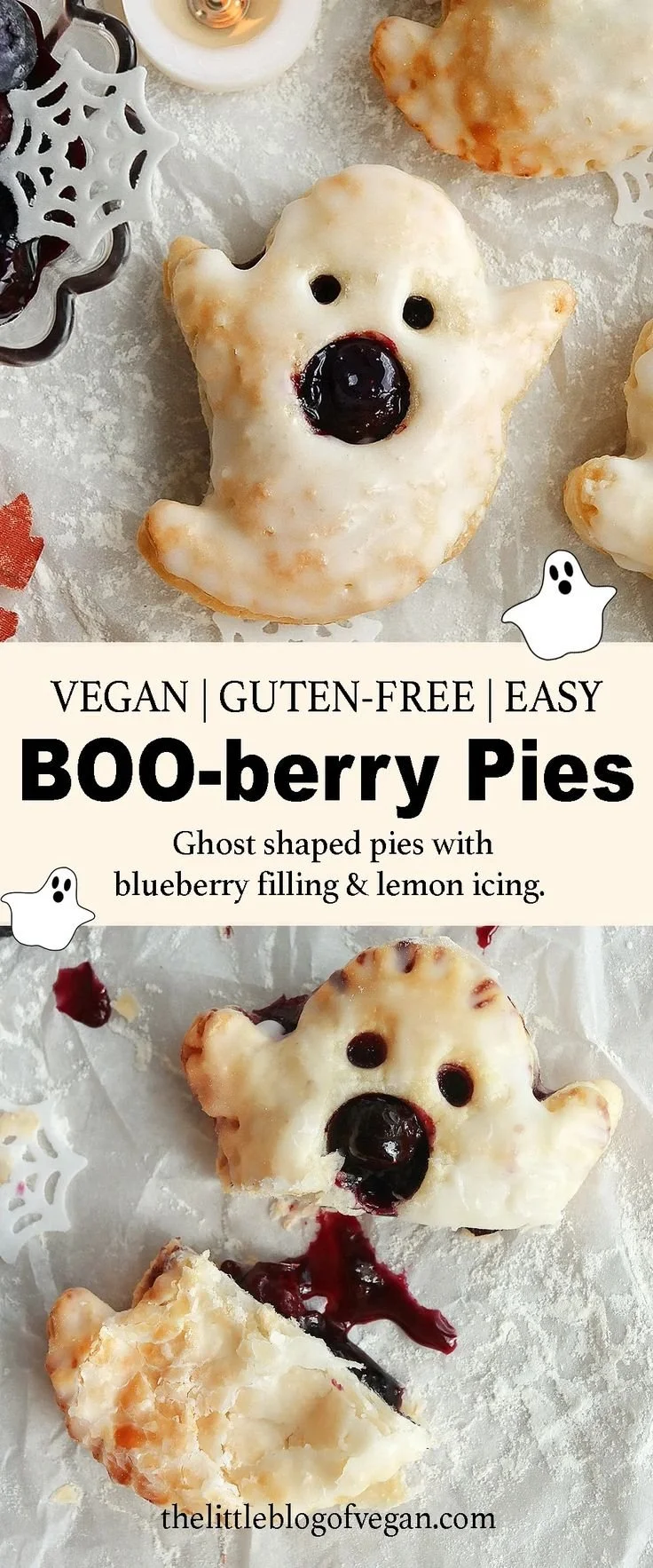 Vegan blueberry ghost hand pies decorated for Halloween