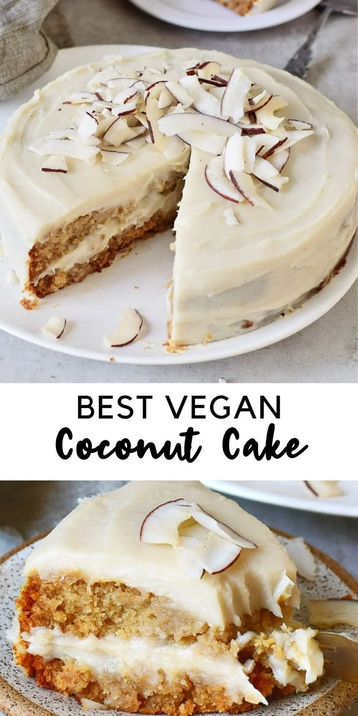 Delicious slice of vegan coconut cake topped with shredded coconut