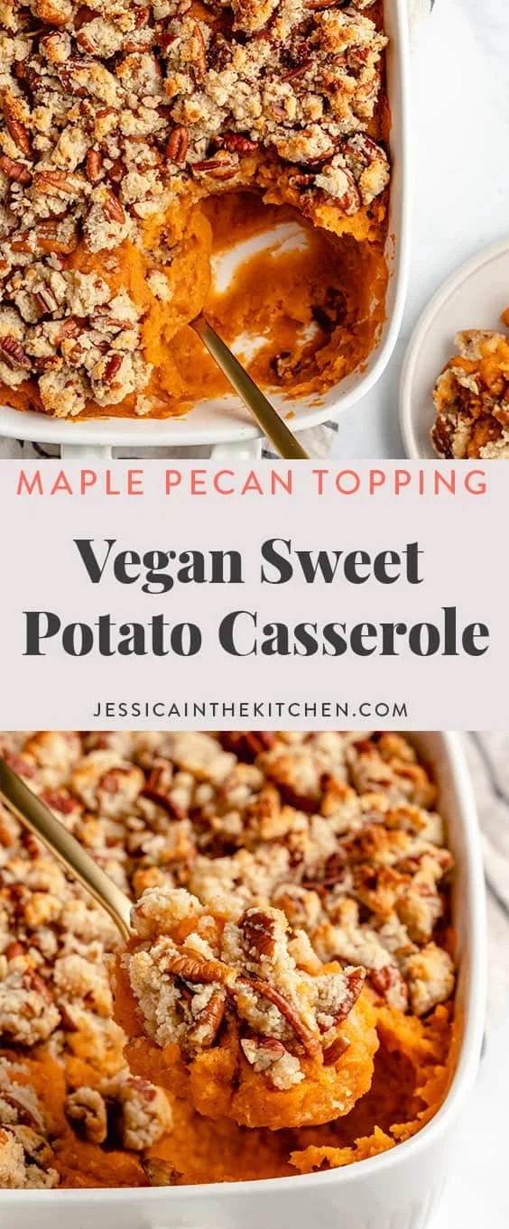 Vegan sweet potato casserole with maple pecan topping served in a dish.