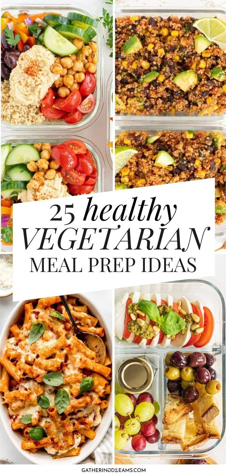 Colorful vegetarian meal prep containers filled with healthy ingredients.