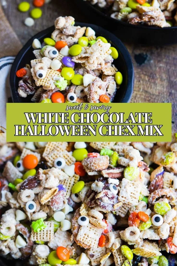 White Chocolate Halloween Chex Mix with festive decorations and ingredients