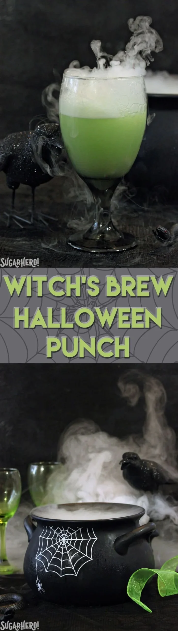 A spooky and refreshing Witch's Brew Halloween Punch served in a cauldron.
